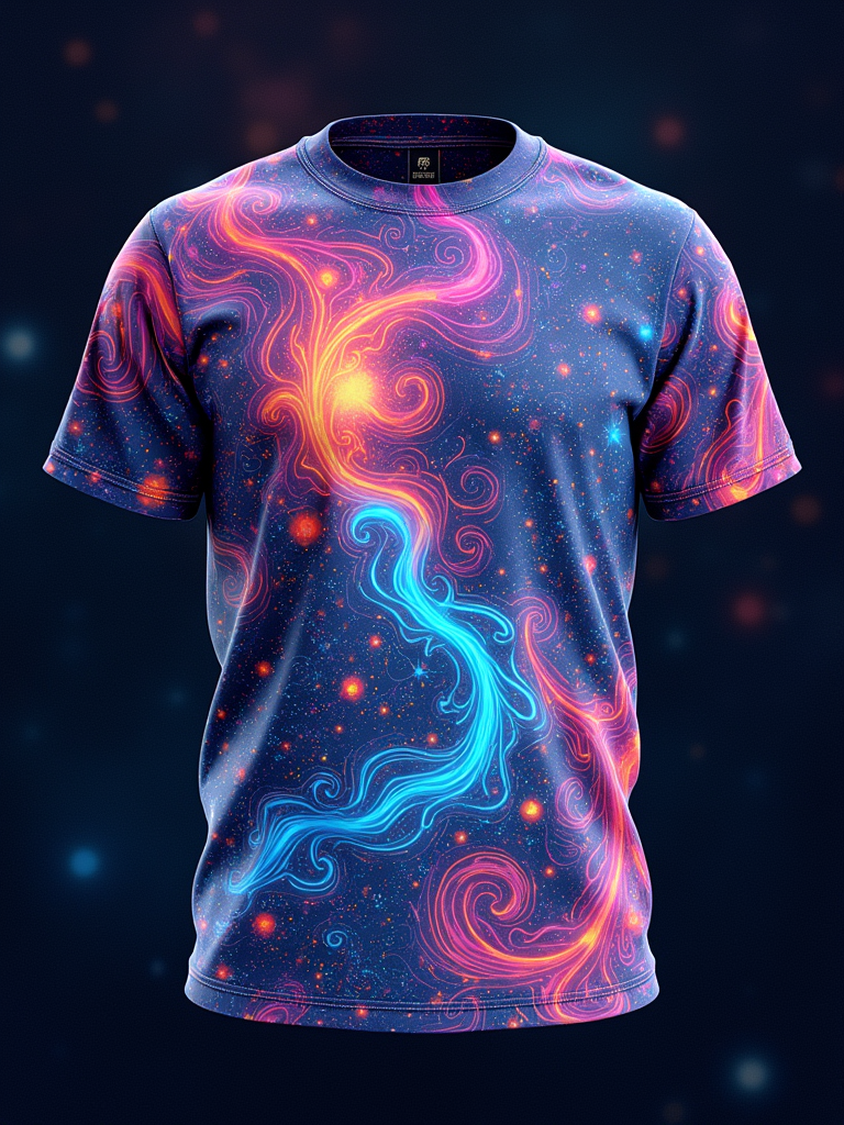 An all-over print tee featuring interconnected, flowing psychedelic swirls that mimic a cosmic gas cloud or nebula, with bioluminescent flora from the 'Cosmic Meadow' woven into the design.