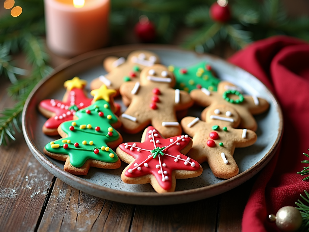  a plate of decorated Christmas cookies on a wooden table. The cookies are in the shape of gingerbread men and are decorated with colorful icing and sprinkles in the colors of red, green, yellow, and white. There are also small Christmas trees, stars, and snowflakes scattered around the plate. In the background, there is a candle and a red cloth with gold ornaments. The overall mood of the image is festive and cozy.