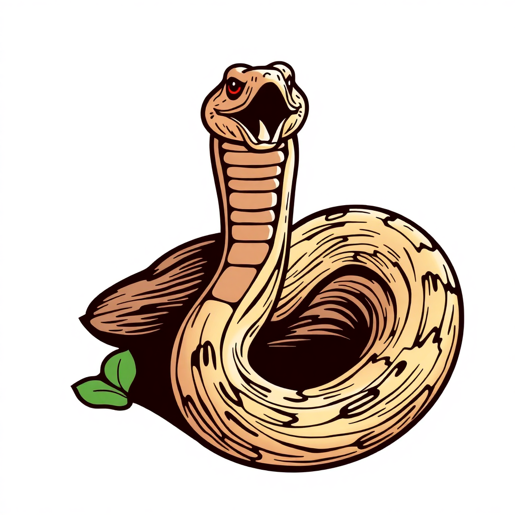 The image is a cartoon illustration of a cobra. The cobra is coiled up and its body is facing towards the right side of the image. Its head is turned to the side and its mouth is open, revealing sharp teeth. The snake's body is a light brown color with darker brown stripes running along its length. There is a green leaf on the bottom right corner of the illustration. The background is white.