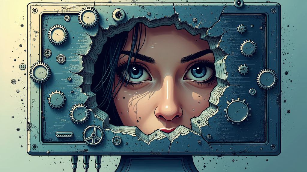 Beyond the Glass: A dynamic graphic depicting a computer or mobile screen that appears cracked or peeled back, revealing emerging elements like gears, circuits, lines of code, and perhaps a determined woman's eye looking through from the 'inside'. Headline: 'More Than Just a User Interface.'