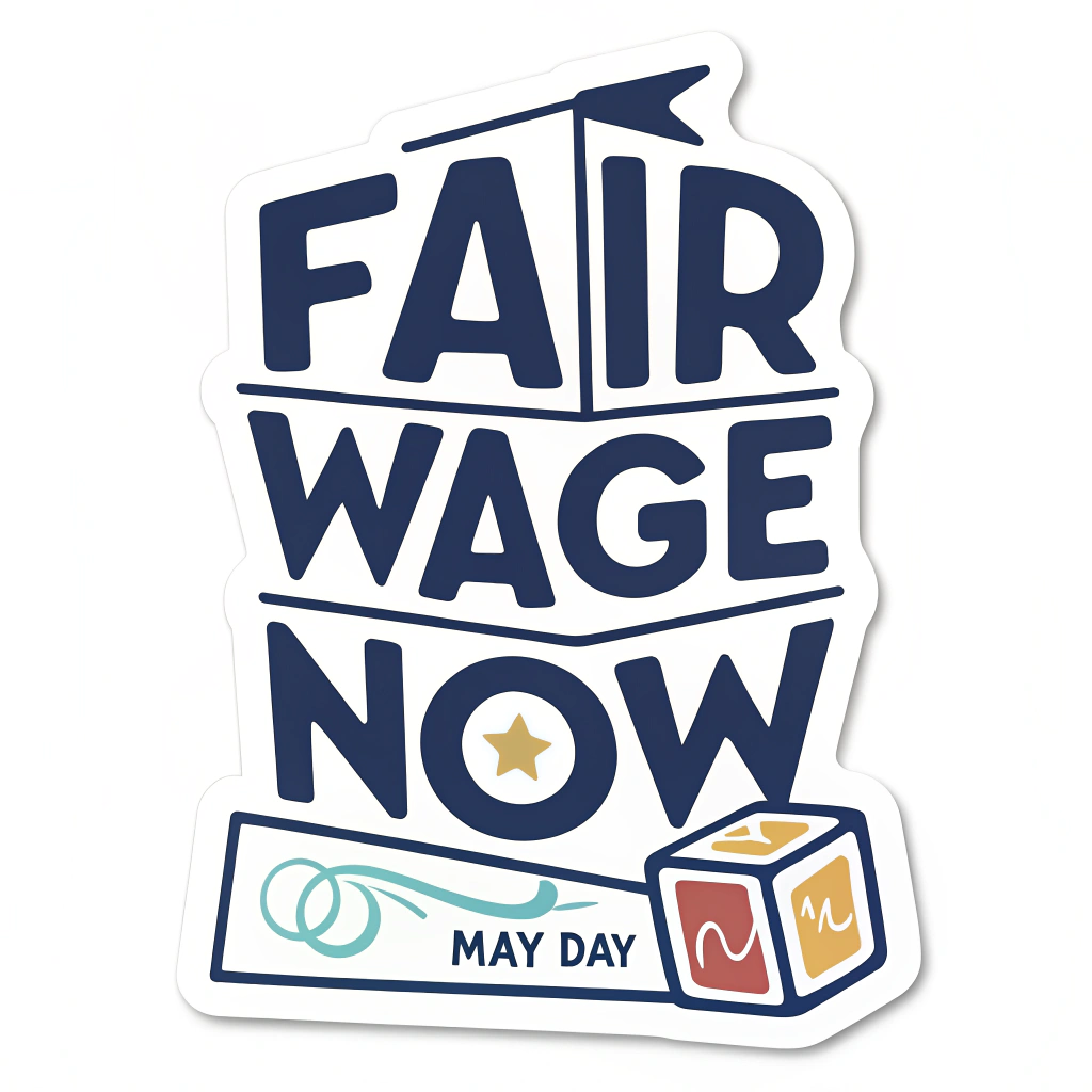 Text as Block Element: 'Fair Wage Now' arranged in a compact, modern typographic block where words are stacked or interact. Use of negative space and potentially one highlight color. 'May Day' as a small tagline.