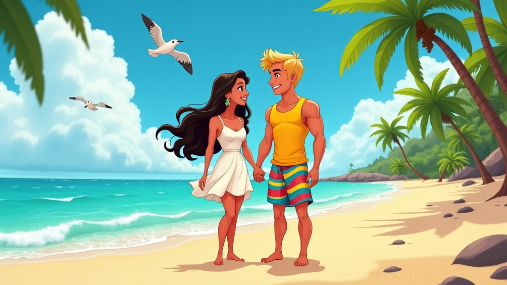 A cartoon couple holding hands on a sunny beach, with palm trees swaying in the background and seagulls flying overhead, creating a romantic scene.