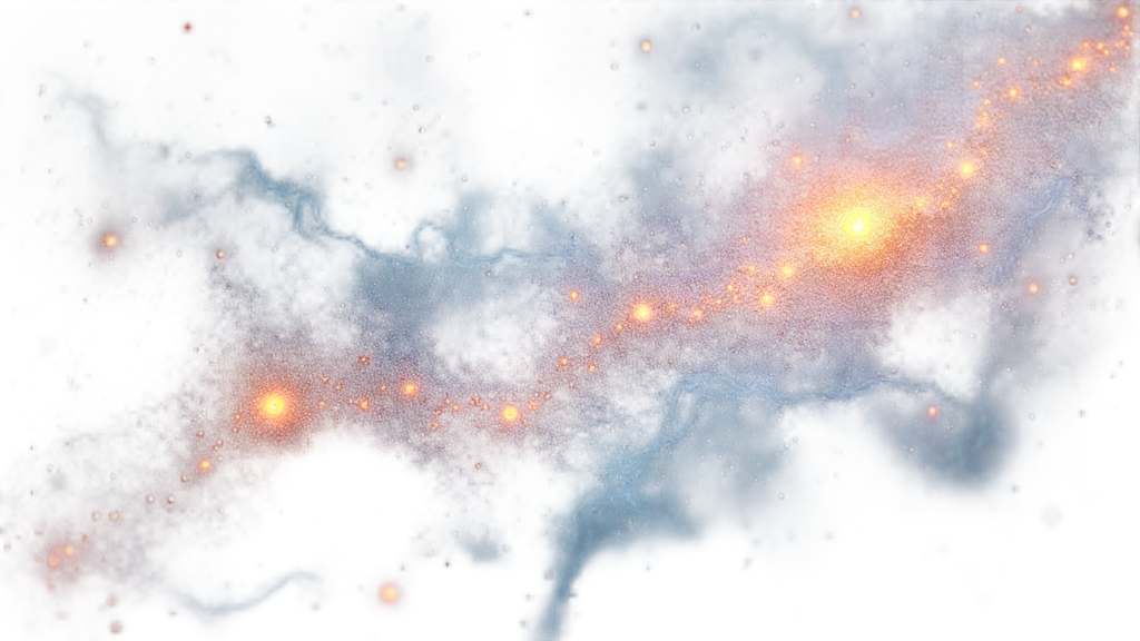 Cosmic Interaction: The Feynman diagram’s particle lines visualized as flowing trails of stardust, nebulae, or faint light beams. Interaction vertices are imagined as miniature supernovas, glowing energy cores, or swirling galaxies, set against a subtle deep space background.