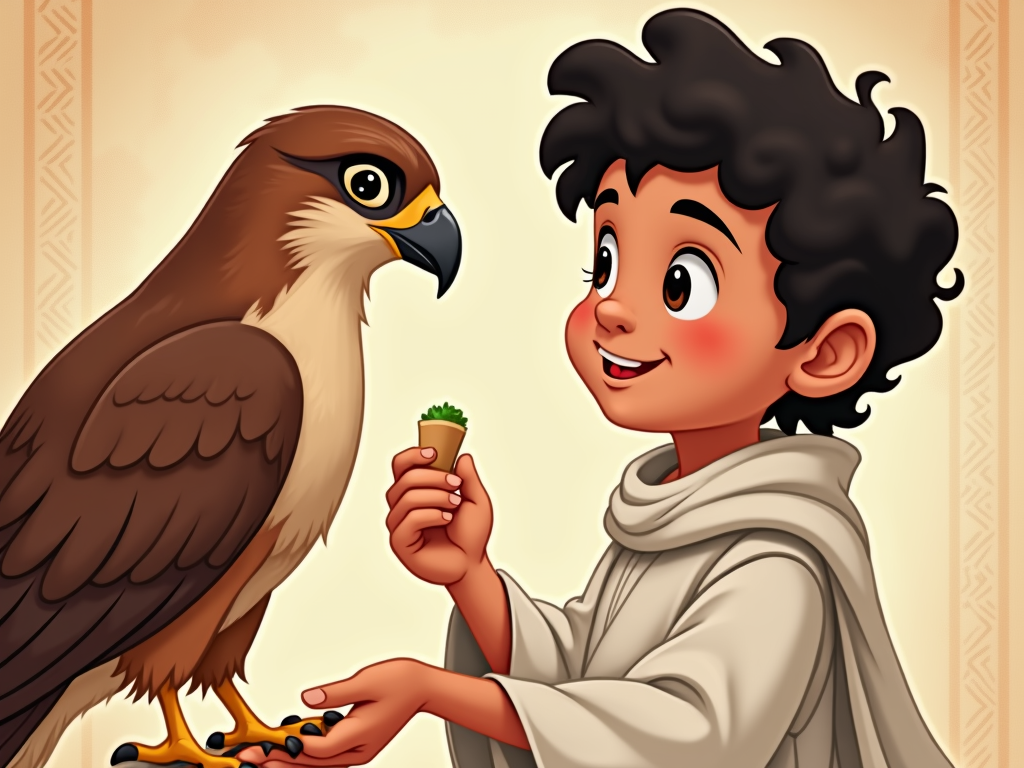 A close-up of the Qatari boy gently feeding his falcon, highlighting the care and respect he has for the animal, with subtle Qatari patterns in the background.