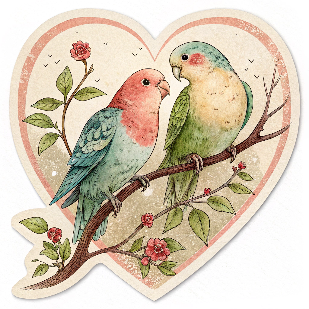 A sticker showcasing vintage-style lovebirds, perhaps perched on a branch or within a heart, in a slightly faded color palette.