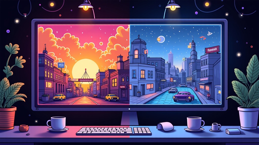 Juxtaposition Display: Create a split-screen or before-and-after reveal, showcasing the original classic movie poster alongside its AI-generated counterpart, highlighting similarities and AI-introduced novelties.