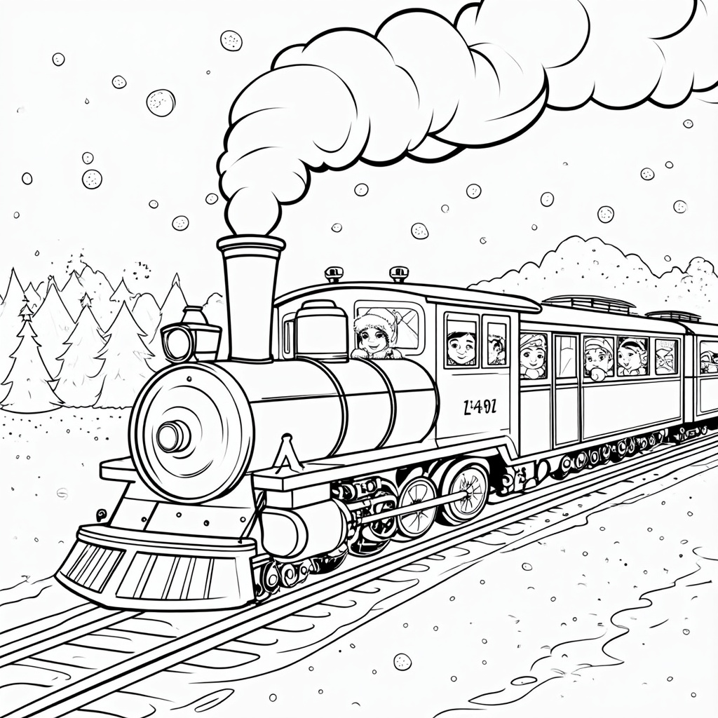 The image shows a black and white sketch of a train on a railway track with a few people inside, surrounded by trees in the background. The train is emitting a plume of smoke, giving the impression of a wintery scene.