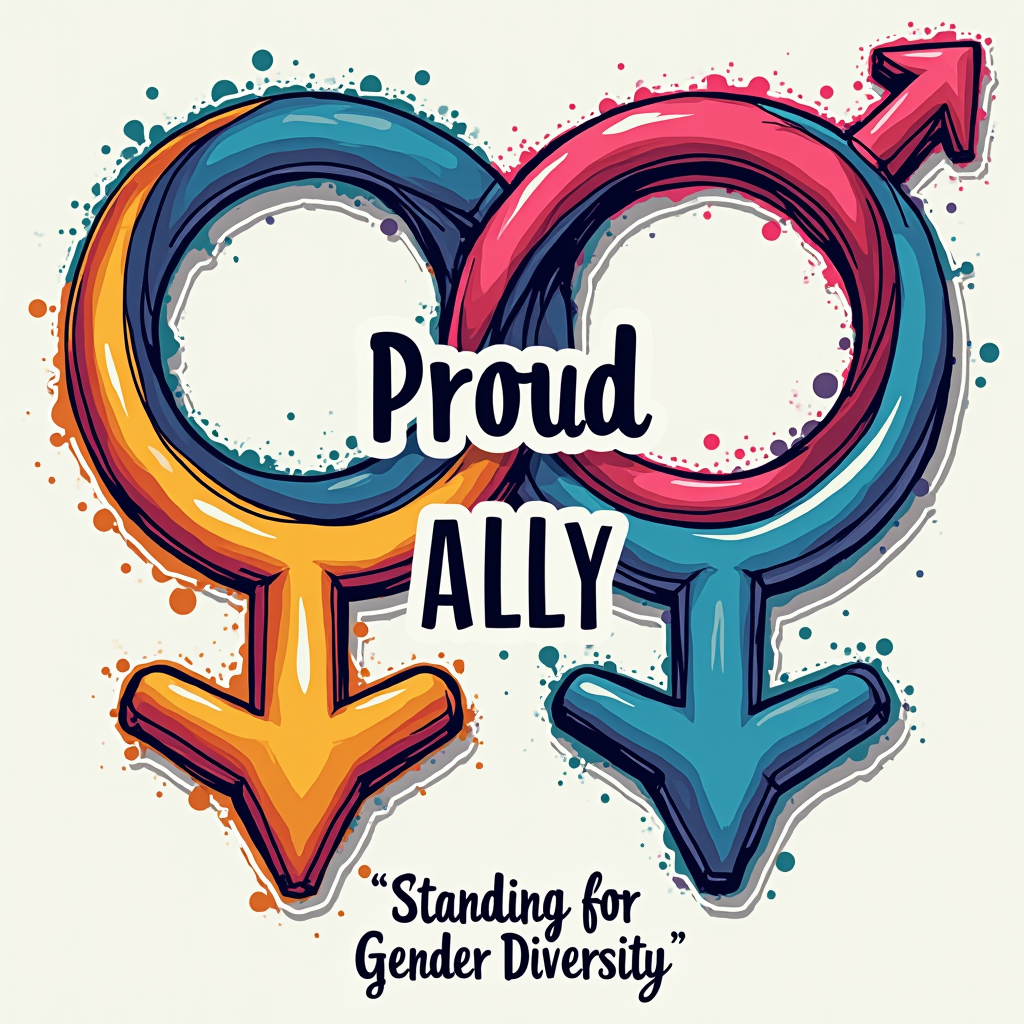 Intertwined gender symbols (e.g., male, female, transgender, non-binary) creating a central graphic or supportive pattern. Text: 'Proud Ally' prominent, with 'Standing for Gender Diversity' as a tagline. Color palette could draw from various pride flags.