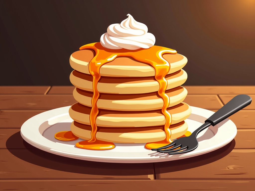  a stack of pancakes on a white plate with a fork on the side. The pancakes are golden brown and appear to be freshly made. On top of the stack, there is a dollop of whipped cream and drizzled with syrup. The plate is placed on a wooden table with a dark background. The overall color scheme of the image is warm and inviting.