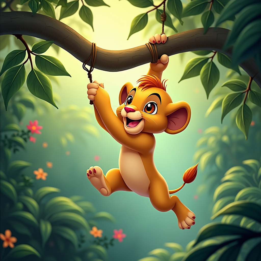 A playful lion cub swinging on a vine, with bright, curious eyes, surrounded by jungle foliage.