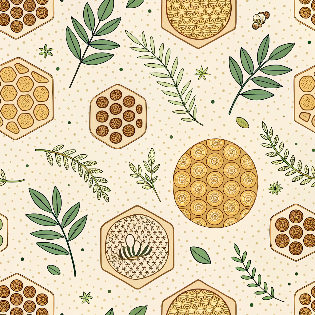 Seamless repeating patterns inspired by microscopic views of plant cell structures or honeycomb formations, emphasizing efficient space-filling and material usage, designed for sustainable textiles or biodegradable packaging.
