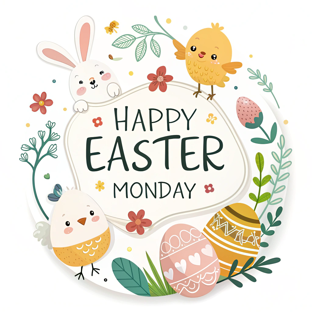 A sticker displaying a simple 'Happy Easter Monday' message with cute Easter-themed illustrations like bunnies, chicks, or eggs.