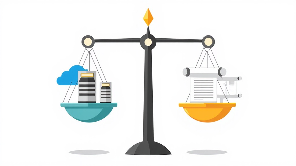 Sub-design Idea 2: Metaphorical illustration using scales of justice balancing platform operations (server/cloud icons) and legal requirements (law book/scroll icons).