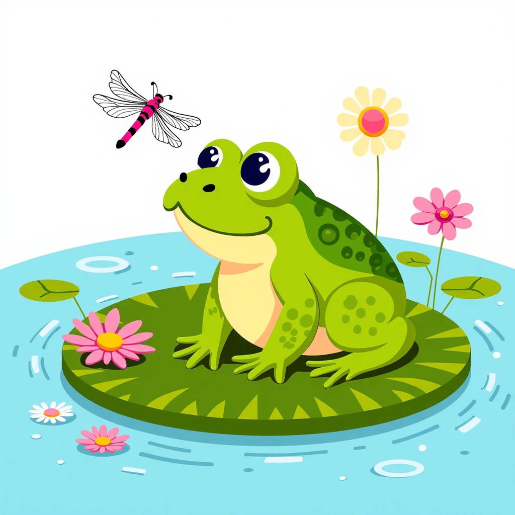 The image is a cartoon illustration of a green frog sitting on a lily pad in a pond. The frog is facing towards the right side of the image and has a big smile on its face. It has two large round eyes and a small nose. Above the frog, there is a pink and black dragonfly flying in the air. The pond is filled with water and there are pink and yellow daisies floating on the surface. The background is a light blue color.