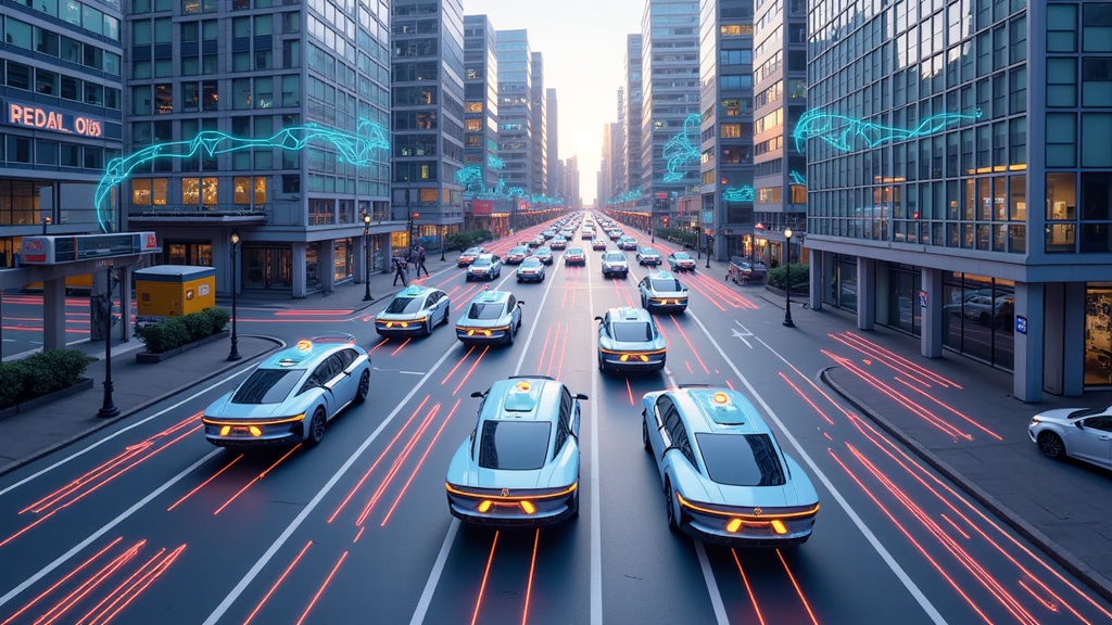 Bird's-eye view of a futuristic cityscape with robotaxis navigating. Augmented reality-style overlays or holographic projections could depict the invisible data layers they access and share, such as optimal routes, passenger demand hotspots, and real-time traffic predictions.