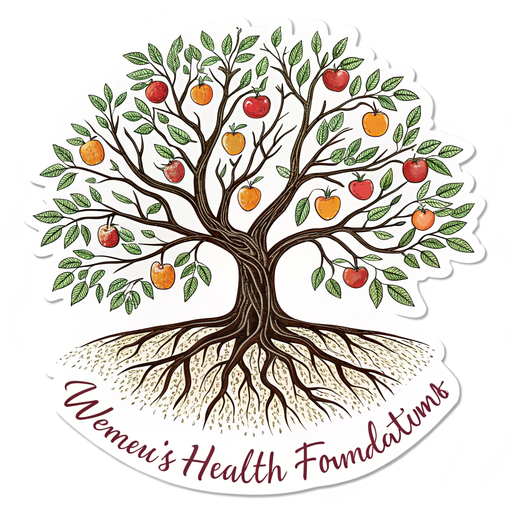 A tree with roots representing women's health foundations and branches bearing fruits symbolizing well-being outcomes.