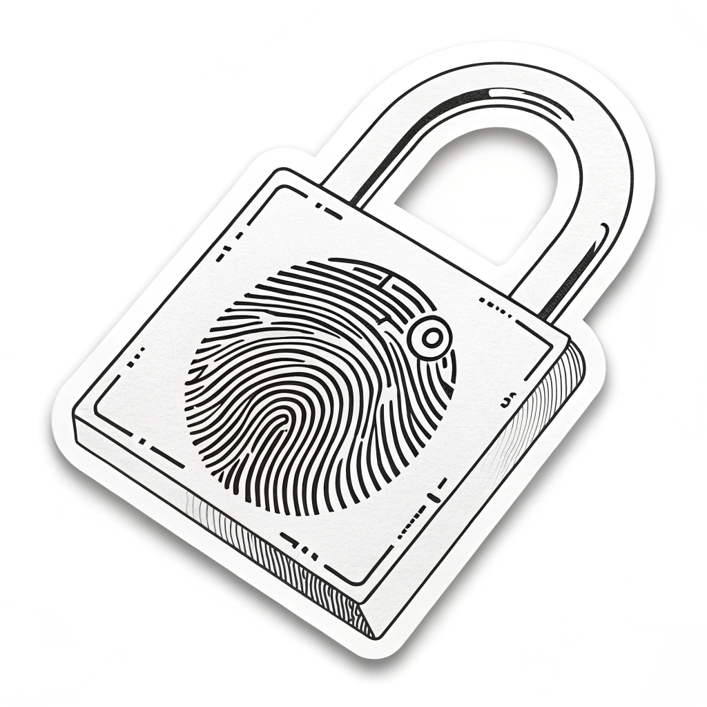 Sub-design Idea 5: A minimalist design emphasizing a single, clear fingerprint line that elegantly morphs into the shackle of a padlock, symbolizing that identity is the key. Could be a die-cut sticker focusing on the outline.