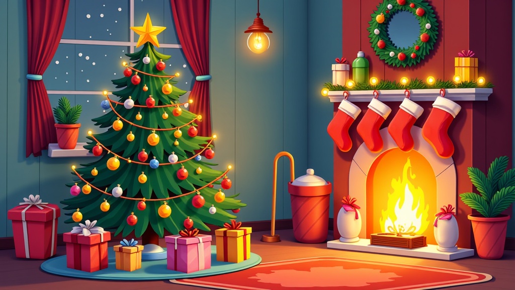 The image shows a cozy living room with a Christmas tree decorated with colorful ornaments, lights, and a star on top. There are several gift boxes scattered around the tree, a fireplace with stockings hung above it, pots with plants, a wall with a window and curtains, and lights hanging from the ceiling.