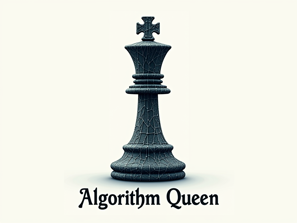 A chess queen piece where the 'body' of the queen is a visual representation of a complex data structure like a decision tree or a neural network. 'Algorithm Queen' in a strong, serif font.