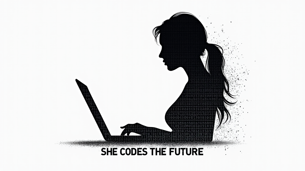 Binary Portrait 'She Codes the Future': A T-shirt design featuring a silhouette of a woman's profile or a programmer at a laptop, artistically formed using lines of binary code (0s and 1s). Below or integrated into the design, the phrase 'She Codes the Future' in a sleek, modern font. This design focuses on roles like coder/developer and emphasizes a futuristic outlook.