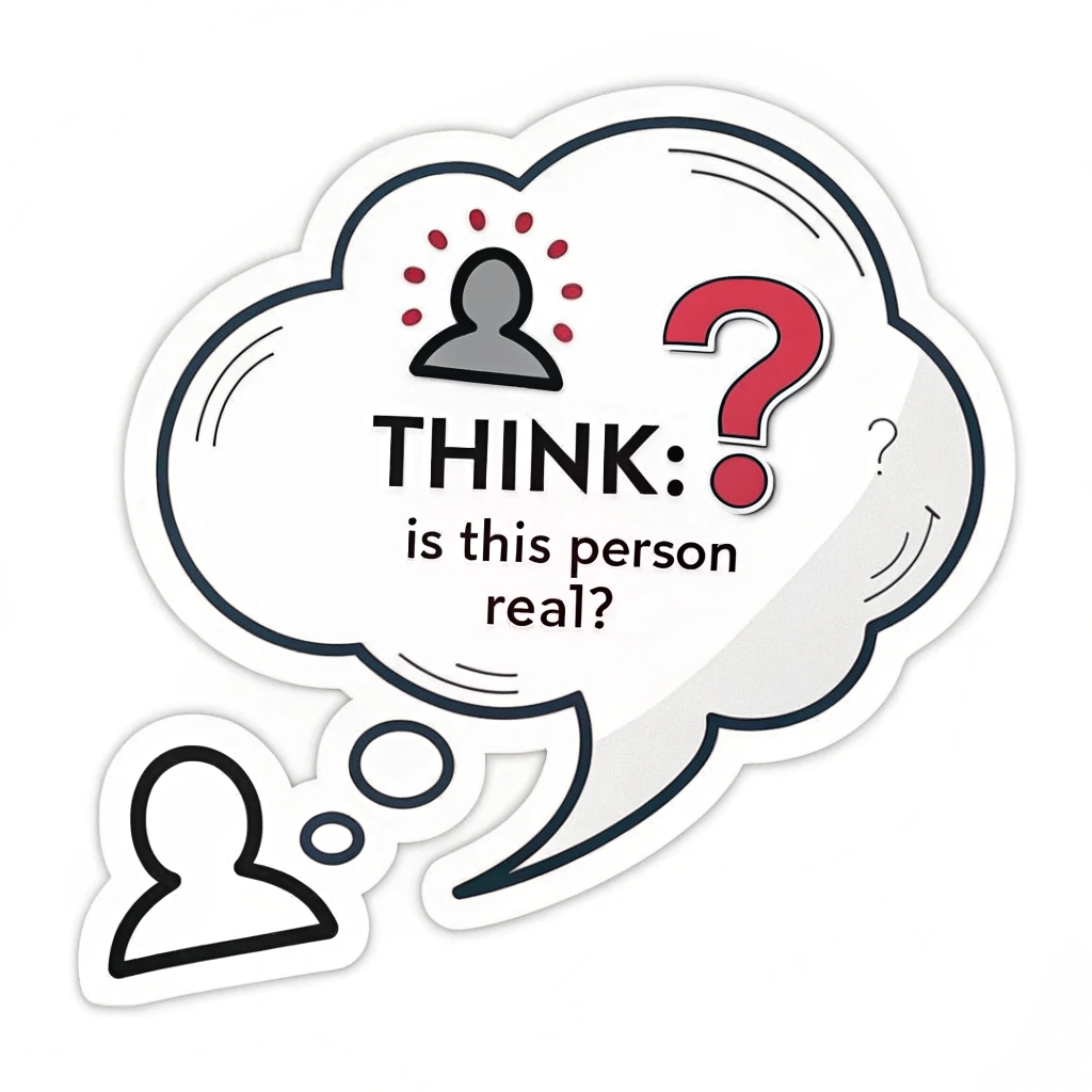 Sub Design 2: Sticker with a thought bubble over a chat icon, containing a question mark or text like 'Think: Is this person real?' promoting caution before interacting.