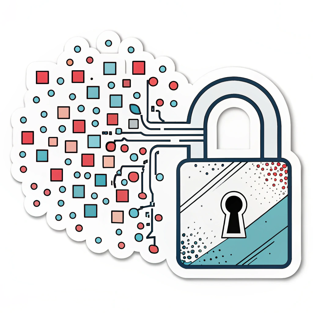 An abstract visual of data bits (e.g., small squares or dots) flowing into a central lock symbol and emerging on the other side in a more structured, 'encrypted' pattern (e.g., orderly, changed color, or encased).