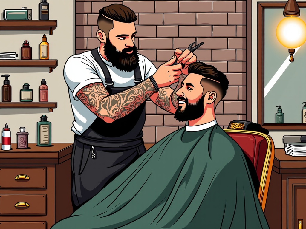  a barber cutting the hair of a young man in a barbershop. The barber is standing behind the barber, holding a pair of scissors and a comb. The man is sitting in a chair with a green cape draped over his shoulders. He has a beard and tattoos on his arms. The background of the image is a brick wall with shelves of hair products and a mirror. The overall style of the illustration is cartoon-like.