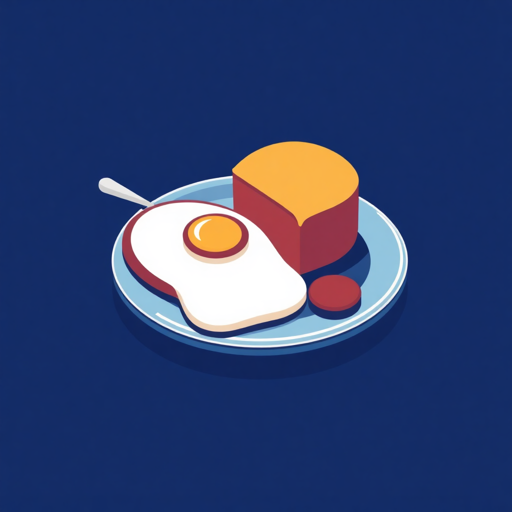 The image is an illustration of a breakfast meal on a blue background. On the plate, there is a slice of red and yellow cake with a white egg on top. The cake is cut in half and has a golden brown crust. There is also a small red tomato on the plate. A white spoon is resting on the edge of the plate next to the cake. The overall color scheme of the image is blue and red.