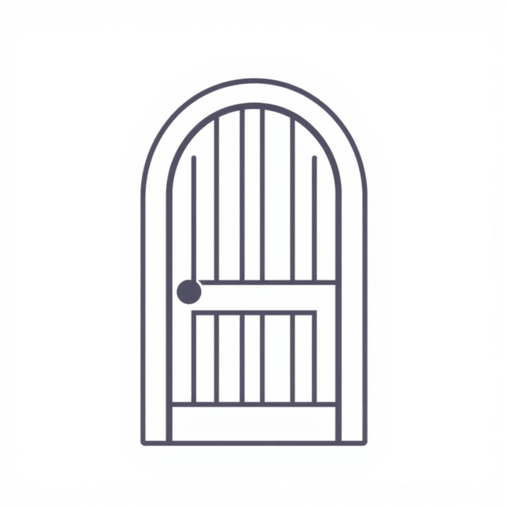 A simple, clean icon of a stylized wooden door, using only a few lines to create a recognizable shape. Perhaps a slightly arched top to give it a classic feel.