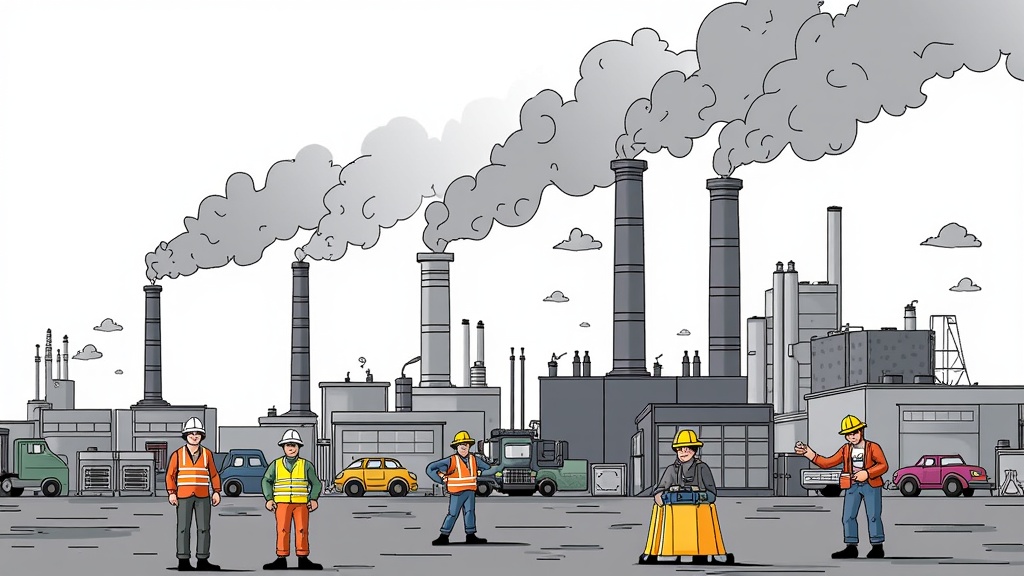  a group of construction workers standing in front of a large industrial plant with multiple tall chimneys emitting black smoke. The workers are wearing hard hats and safety vests, indicating that they are working on a construction site. There are several vehicles parked in the background, including a truck and a car. The sky is cloudy and the overall mood of the image is bleak and industrial.