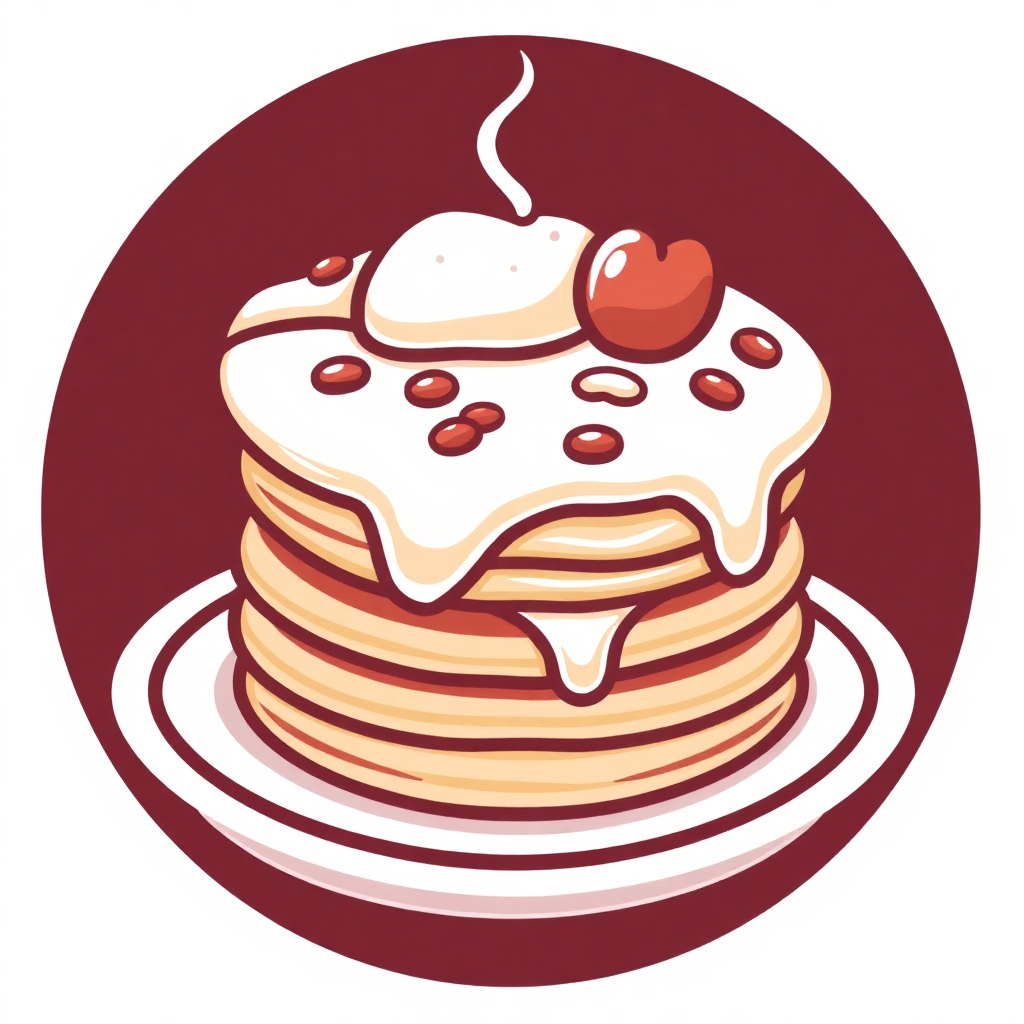 The image is an illustration of a stack of pancakes on a white plate. The pancakes are golden brown and appear to be freshly made. On top of the stack, there is a dollop of whipped cream with a cherry on top. The whipped cream is drizzled over the top and there are small chocolate chips scattered around the plate. There is also a drizzle of syrup on the plate, which is dripping down the sides. The background is a maroon circle. The overall color scheme of the image is warm and inviting.