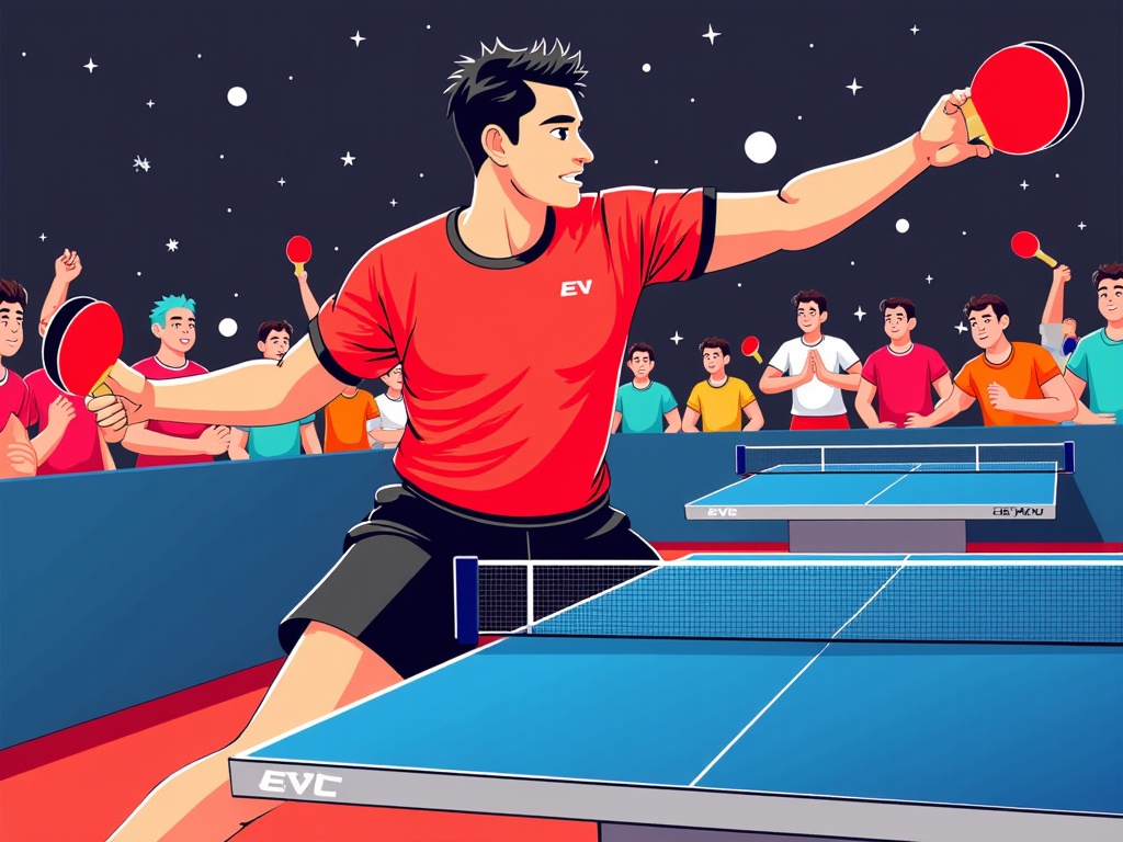  a young man playing table tennis. He is wearing a red t-shirt with the word EV written on it and black shorts. He has short dark hair and is holding a red ping pong paddle in his right hand. His left hand is extended upwards, as if he is about to hit the ball. In the background, there is a group of people watching the game, some of whom are holding up their hands in celebration. The table tennis table is blue and there are white balls scattered around. The sky is dark and the overall mood of the image is joyful and energetic.