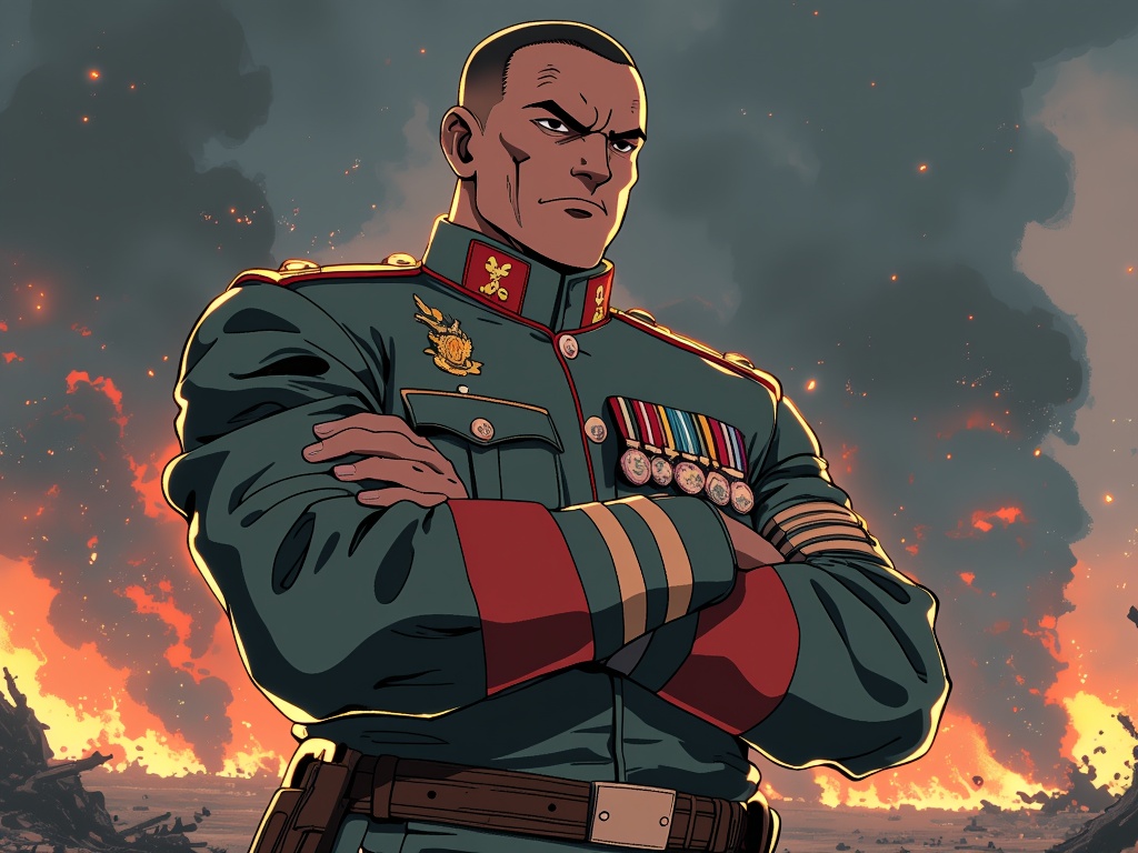 The image is an illustration of a man in a military uniform standing in front of a raging fire. The man is bald and has a serious expression on his face. He is wearing a green jacket with red and gold epaulettes and medals on his chest. His arms are crossed over his chest and he appears to be deep in thought. The background is filled with smoke and flames, and the sky is dark and cloudy. The overall mood of the image is tense and ominous.