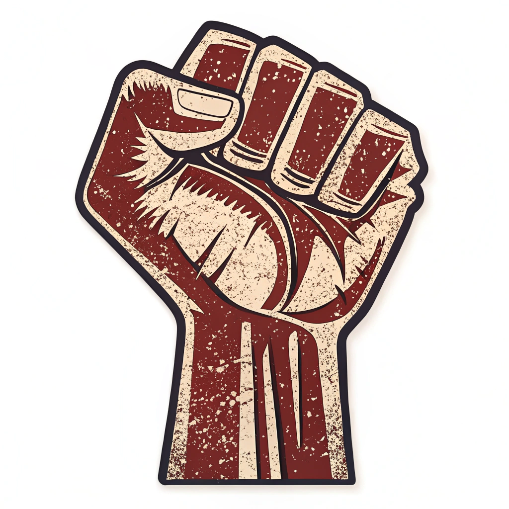 Simple Icon Idea: A stylized raised fist, rendered with a distressed, vintage texture, suitable as a standalone iconic sticker element.