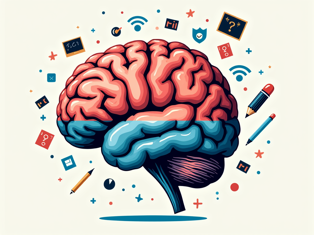 Illustration of a brain with two halves: one filled with classroom symbols (pencil, blackboard), the other with digital icons (mouse cursor, wifi symbol).