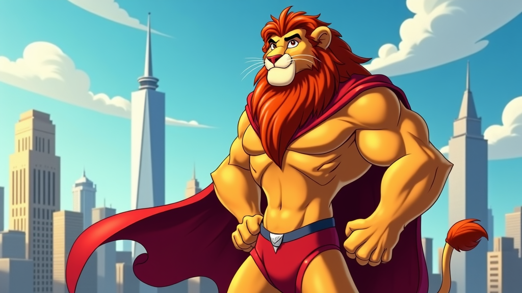 A muscular lion with a flowing red cape and a confident stance, perhaps with a city skyline in the background.