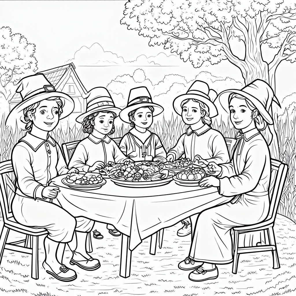 A detailed tableau of the First Thanksgiving, depicting pilgrims and Native Americans sharing a meal outdoors, with traditional huts and tables laden with food like corn and turkeys.