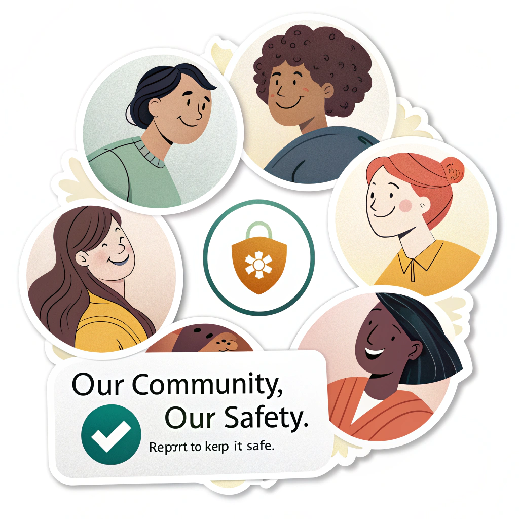 Sticker Design Sub-Idea 3: An image of diverse, friendly user avatars or simplified profile icons forming a protective circle or shield. At the center, a prominent report button icon. Text: 'Our Community, Our Safety. Report to Keep It Safe.'