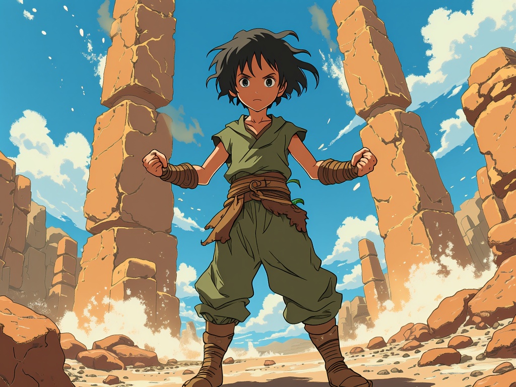 Toph Beifong, proudly striking a dynamic earthbending pose, summoning pillars of rock, capturing her indomitable spirit and strength.