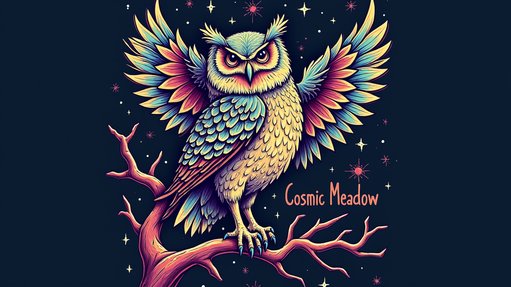 The iconic EDC owl, reimagined with its feathers detailed as intricate, multi-colored psychedelic swirls. The owl could be perched on a branch that morphs into a swirling pattern, with 'Cosmic Meadow' text below.