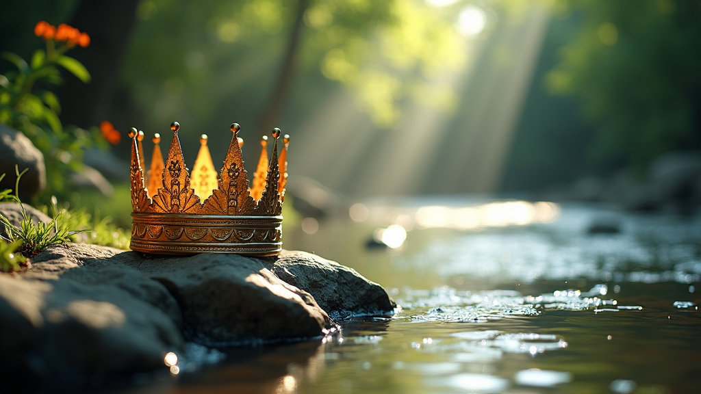 An ethereal crown balanced on a rock sitting beside a tranquil river, as sunlight highlights its intricate engravings.