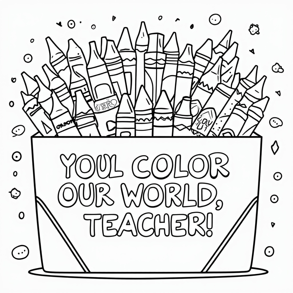 Central Crayon Box Focus: A large, detailed crayon box as the main element, overflowing with crayons. Each crayon can have a pattern or positive word (e.g., 'Joy', 'Learn', 'Grow'). The phrase 'You Color Our World, Teacher!' in bold, outline letters for coloring. Background of small, whimsical world/school doodles.