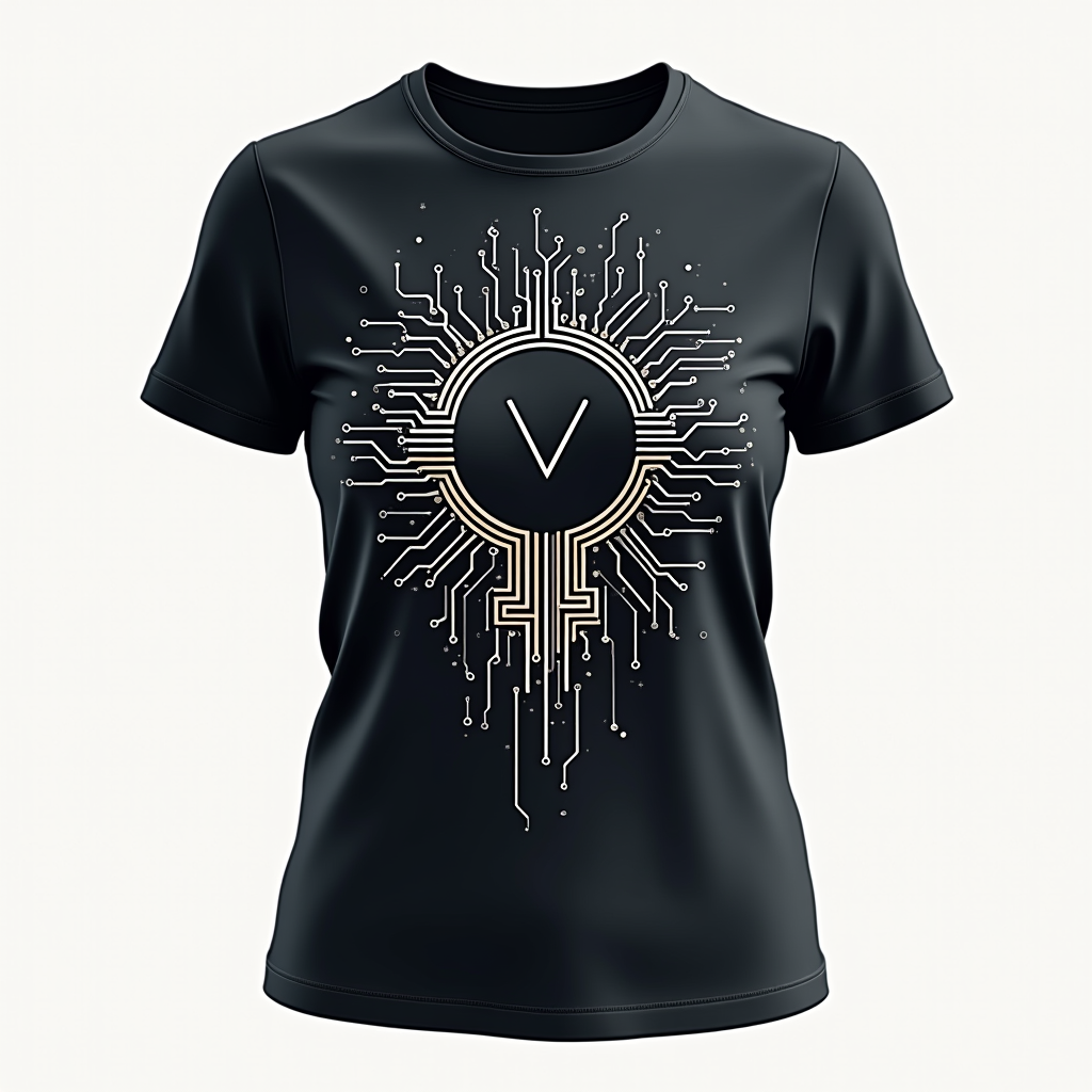 A T-shirt with a minimalist circuit board pattern forming a subtle symbol of female empowerment (e.g., Venus symbol integrated). Quote: '<Code like a Girl />'.