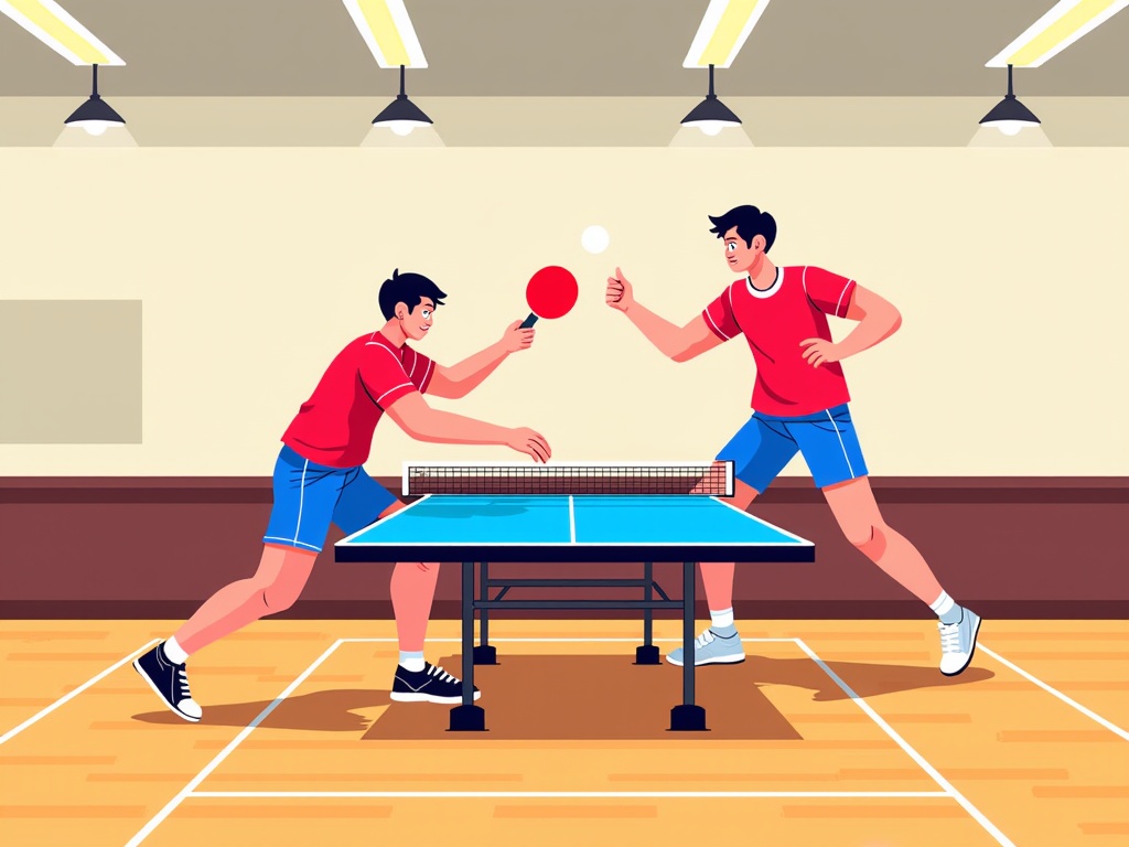  two young men playing table tennis in a large indoor court. They are both wearing red t-shirts and blue shorts and are in the middle of a match. The table tennis table is blue and there is a net in front of them. The man on the left is holding a red ping pong paddle and is in the process of hitting the ball, while the other man is ready to hit it. The court has a wooden floor and a white wall in the background. There are several pendant lights hanging from the ceiling. The image is animated, giving it a lively and energetic feel.