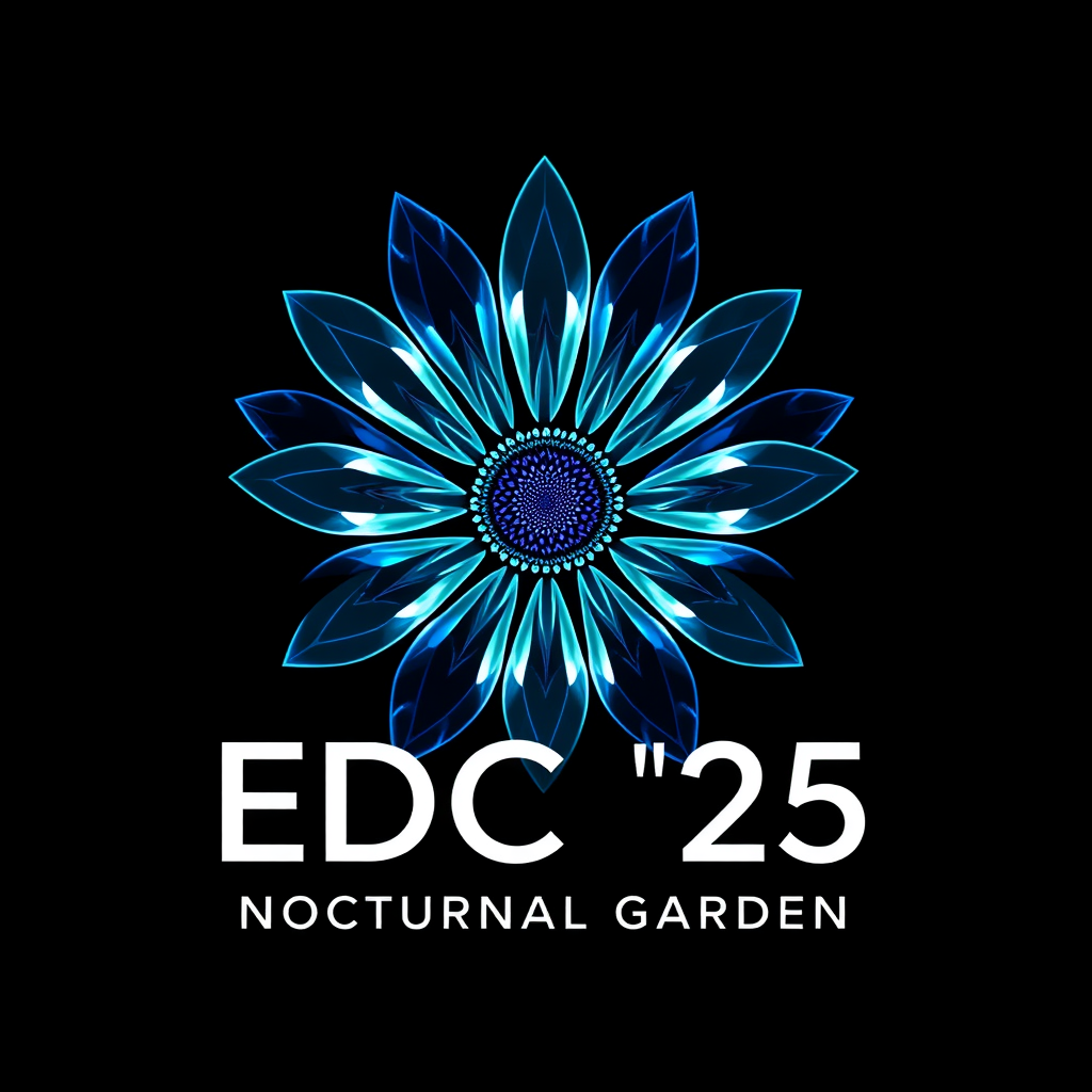 Crystalline Daisy Core: A logo design featuring a stylized daisy with petals formed from geometric, crystalline structures that refract and emit bioluminescent light from a dark background. 'EDC '25' is integrated into the facets or as a sleek, modern typeface below, blending organic wonder with electric precision for the Nocturnal Garden theme.