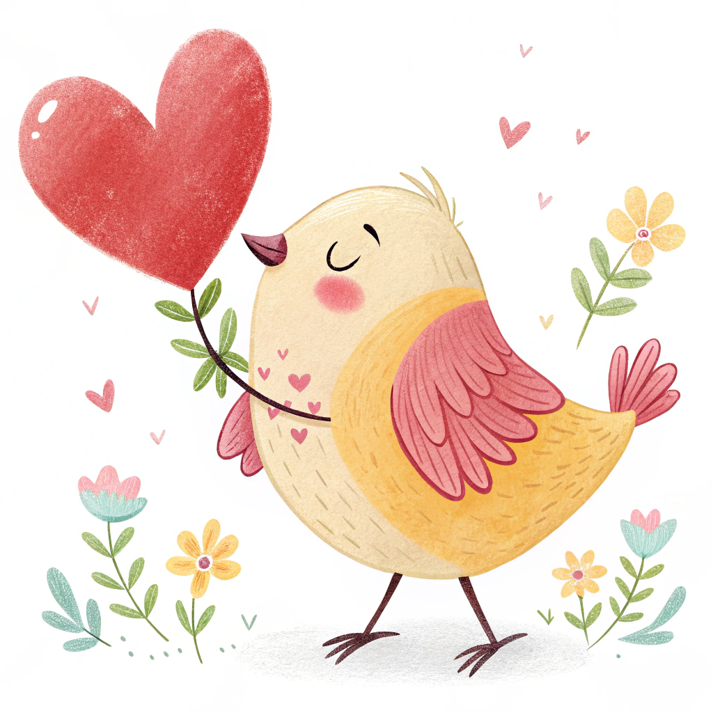 A cute bird carrying a heart in its beak.