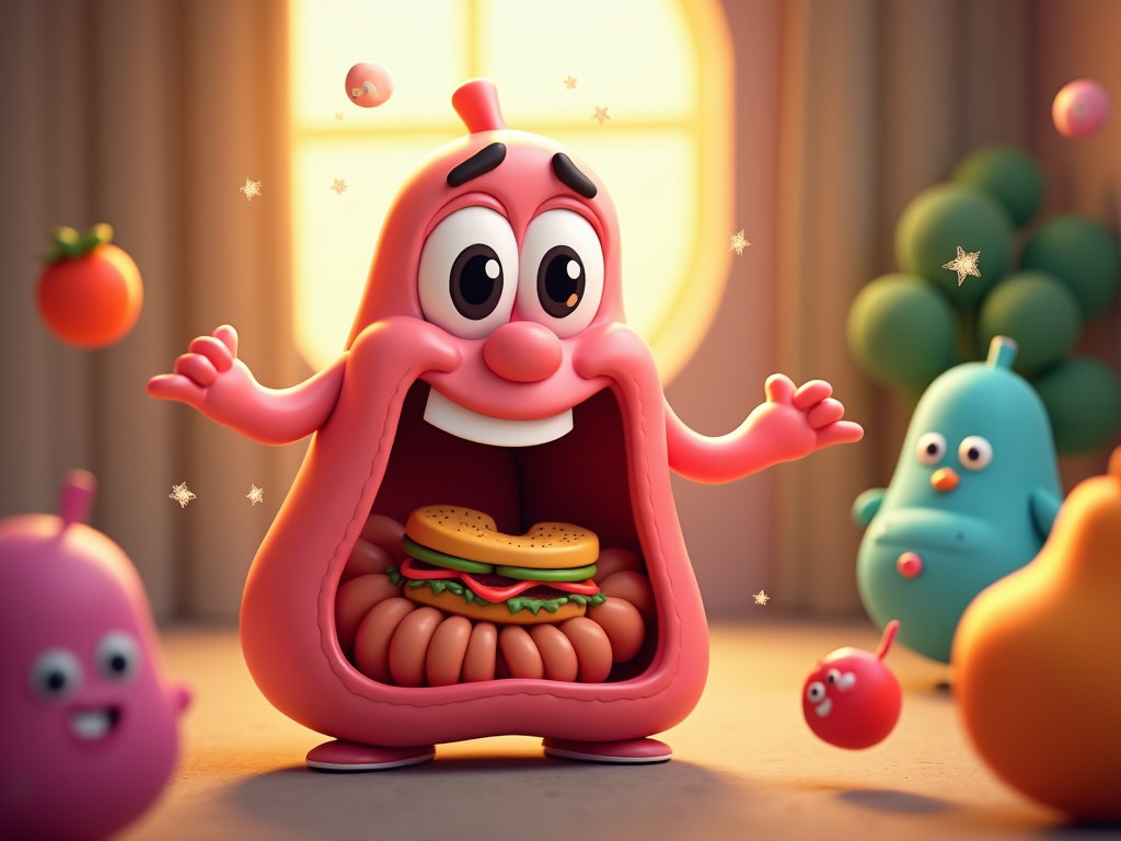 The image shows a cartoon character with a hamburger in his mouth surrounded by other toys on the floor. In the background, there is a wall with a window and curtains. The image is animated and has a resolution of 1920x1080.