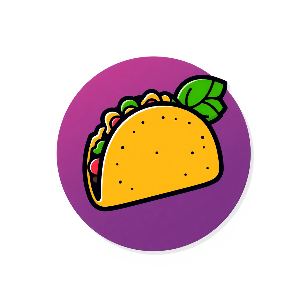 The image is a circular illustration of a taco. The taco is yellow in color and has a green leaf on top. It is filled with various ingredients such as lettuce, tomatoes, and cheese. The background is a deep purple color. The overall design is simple and cartoon-like.