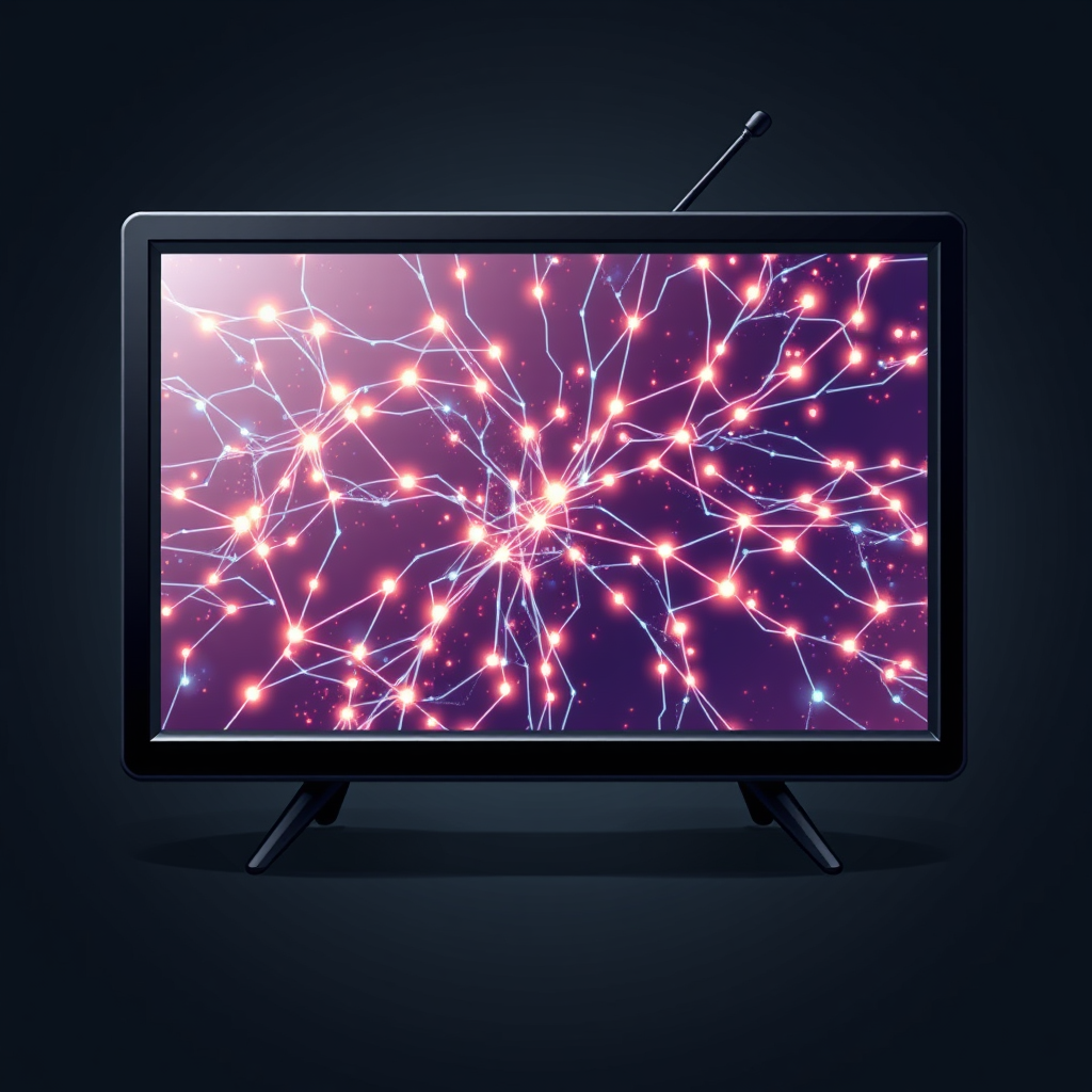 Neural Network Screen TV: A classic TV silhouette where the screen displays an abstract, glowing neural network pattern composed of interconnected pixels.