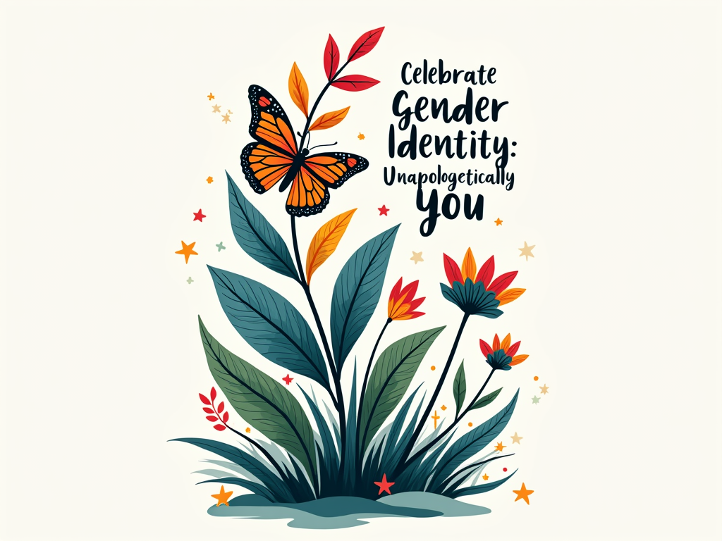 Nature-inspired imagery, such as a flourishing plant with diverse leaves/flowers or a vibrant butterfly, symbolizing growth, transformation, and the beauty of diverse identities. Colors from gender identity flags would be used, with 'Celebrate Gender Identity: Unapologetically You' as the core message.